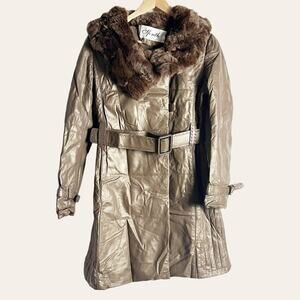 Vintage Bronze Brown Sheepskin Leather Fur Collar Belted Coat Size M